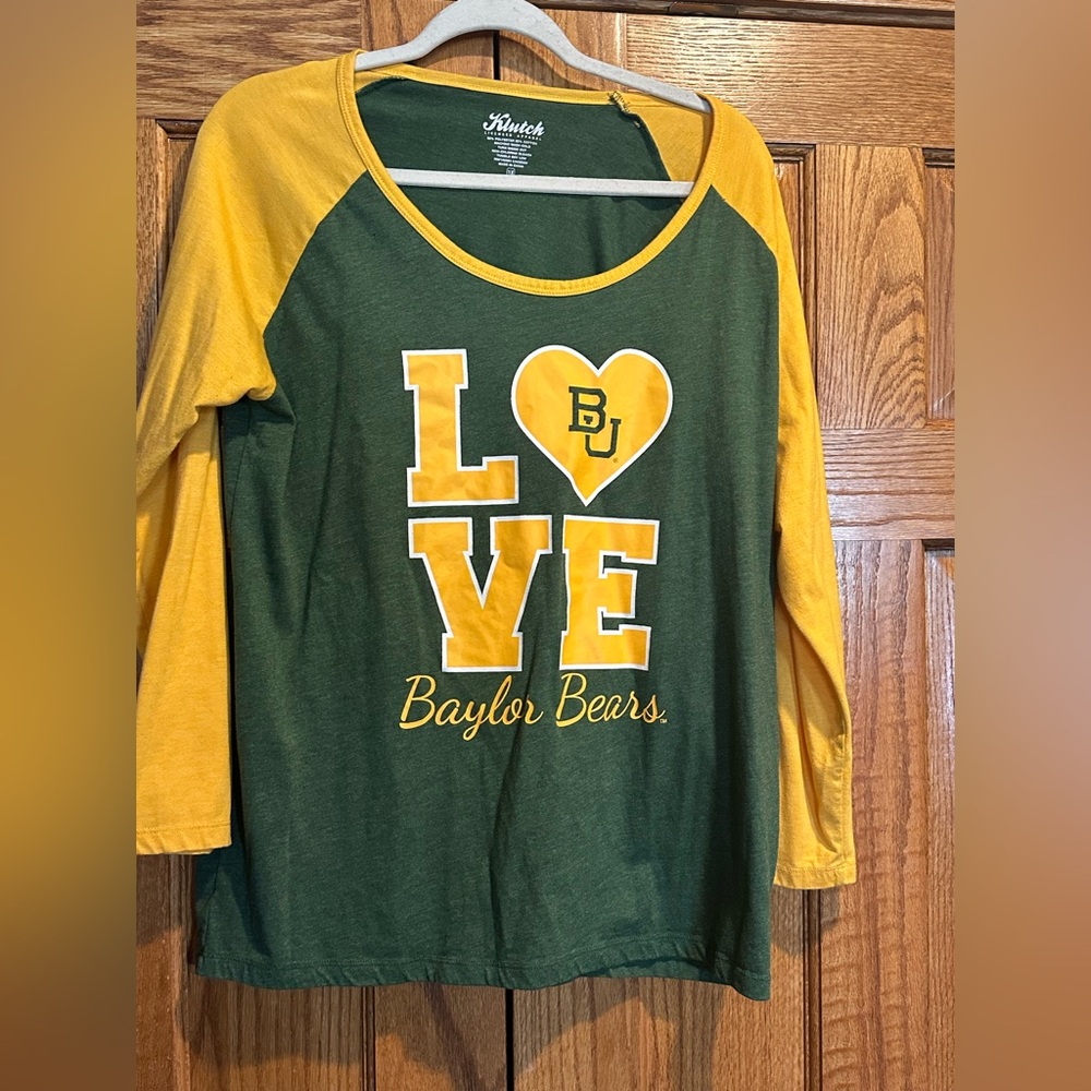 Baylor Bears Women’s Baseball Sleeve Style Shirt - Green and Yellow
